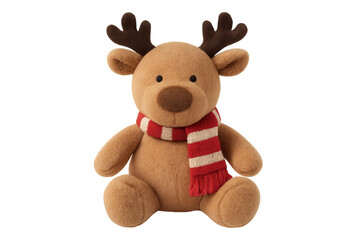 Cute reindeer plush toy wearing red and white scarf on transparent background