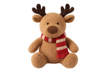 Cute reindeer plush toy wearing red and white scarf on transparent background