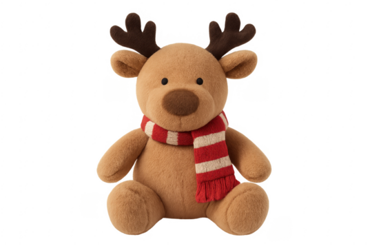 Cute reindeer plush toy wearing red and white scarf on transparent background