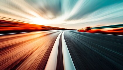 A dynamic, low-angle perspective of a highway with motion blur, capturing the essence of high-speed travel at sunset.