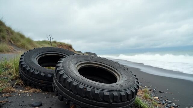 old abandoned tyres on sea shore