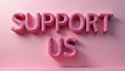 Pink glittery 3D letters spell out SUPPORT US against plain pink background. Stylish, modern font, sparkling texture create visually appealing message. Ideal for campaigns, social media, call for