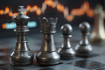 Metal chess pieces positioned thoughtfully on a board showcasing strategy and competition during an intense game