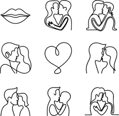 Continuous Line Couple Kiss Silhouette Icon Vector Minimalist Line Art Romantic Couple Kiss Design