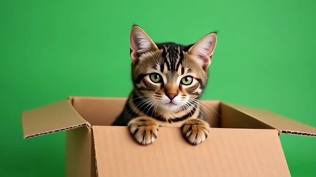 Playful Cat in Box on Green Screen &ndash; Perfect for Social Media and Ads