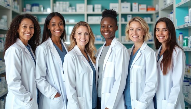 Diverse group of smiling female pharmacists in white lab coats stand together in modern pharmacy. Shelves stocked with medicines create backdrop. Offer friendly service, expert consultation,