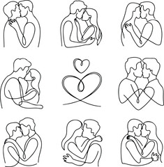 Continuous Line Couple Kiss Silhouette Icon Vector Minimalist Line Art Romantic Couple Kiss Design