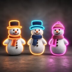 Colorful snowmen with glowing outlines celebrate winter in a festive atmosphere during the holidays