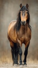 Obraz premium Brown horse with flowing mane stands confidently against a blurred background in soft lighting at golden hour
