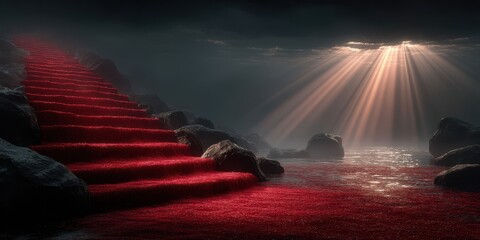 Mysterious red staircase leading to a bright opening in a dark, foggy landscape at dawn