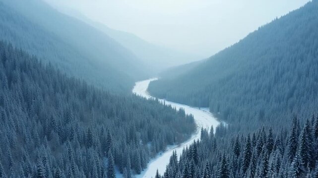 Aerial view flying over forests in the mountains in wintertime