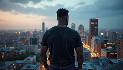 Black man standing on rooftop overlooking city skyline at dusk  