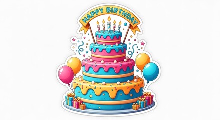 Colorful multi tiered birthday cake with candles and balloons