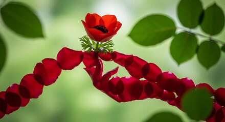 Delicate red rose petals forming a heart shape with a single bloom on top
