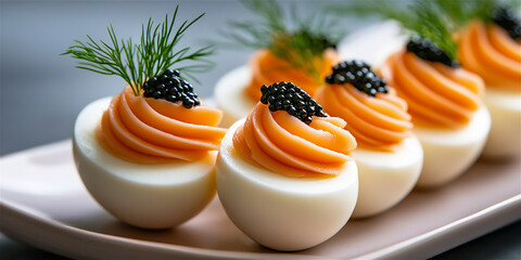 Gourmet deviled eggs topped with smoked salmon, caviar, and fresh dill, elegantly arranged on a pale plate, showcasing culinary artistry and sophistication in food presentation