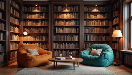 Cozy living room features large wood bookshelf packed with books. Two comfortable beanbag chairs, orange, teal, flank round coffee table. Ambient lighting from lamps creates warm, inviting atmosphere