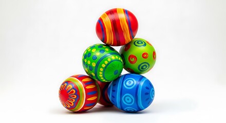 Obraz premium Stack of colorful hand painted easter eggs on a white background
