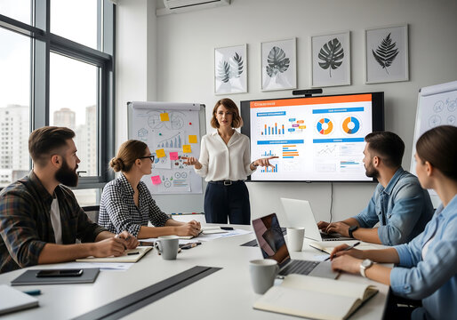 Professional team engaged in a strategic business meeting, with a female leader presenting data analysis on a screen for corporate growth
