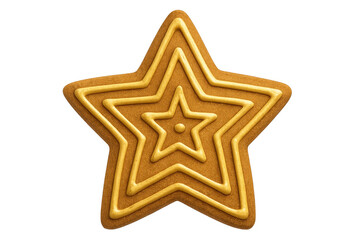Golden star shaped christmas gingerbread cookie with icing decoration on transparent background
