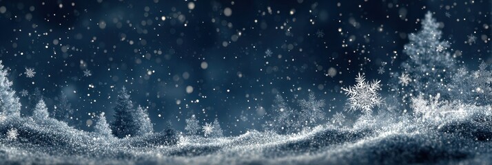 Winter wonderland landscape with falling snowflakes and frosted trees at night