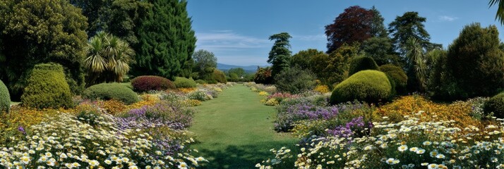 Vibrant floral display in serene garden nature landscape photography peaceful environment panoramic view