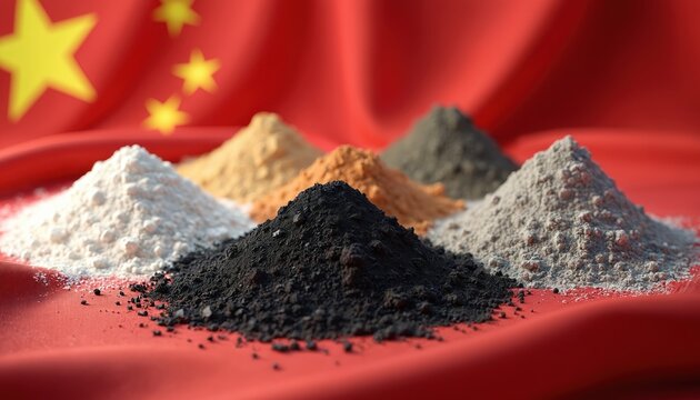 Piles of rare earth metal powders displayed against China national flag. Illustrates China dominance in rare earth mining, processing, global supply chains. Represents economic strategy, industrial
