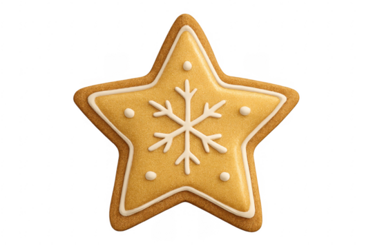 Star shaped gingerbread christmas cookie with snowflake icing decoration on transparent background