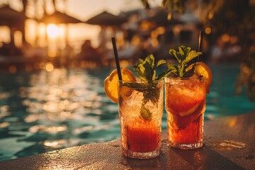 Sunset cocktails by poolside. Two vibrant drinks, garnished with orange slices and mint, sit on a poolside edge. Golden hour sun sets over a blurry pool scene