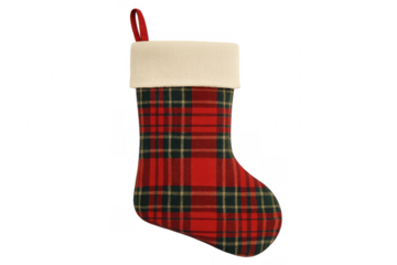 Red christmas stocking with tartan pattern hanging on transparent background