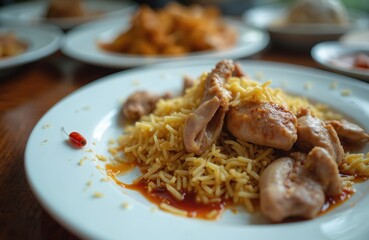 Naklejka premium Close-up of white plate with leftover chicken and rice meal. Discarded food scraps, including a small red chili pepper, remain on the table. Focus on uneaten portions suggesting potential food waste.