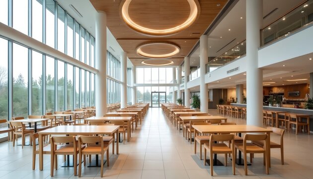 Modern bright empty cafeteria interior with wooden tables, chairs. Large windows offer natural light, view of green plants. Clean design with circular ceiling lights creates spacious dining hall