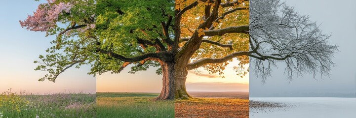 Majestic Tree Through Four Seasons | Spring Blossom, Lush Summer Green, Autumn Colors, and Winter Snow Landscape