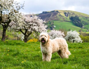 Dog in a spring meadow with blossom trees