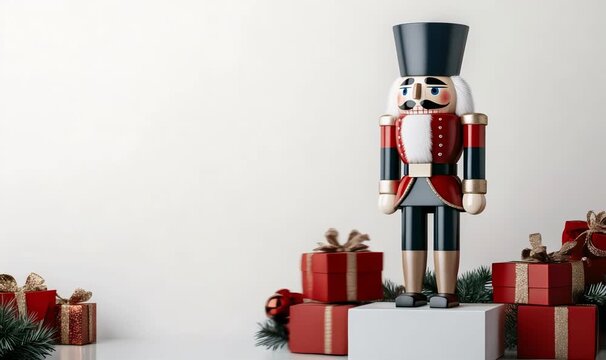 Festive scene with christmas nutcracker and wrapped gift boxes, celebrating holiday spirit and winter traditions