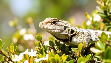 Obraz premium A close-up of a lizard perched on a leafy bush, its scales and eyes clearly visible. 