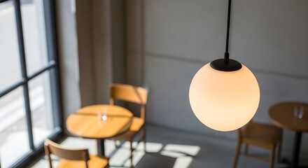 Warm glowing pendant light illuminates a cozy cafe seating area with natural light.