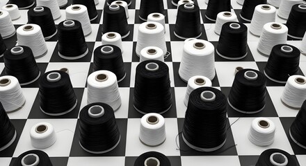 Dynamic contrast of black and white thread spools arranged on a striking chessboard pattern