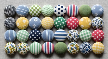 Vibrant collection of decorative fabric buttons showcasing cheerful patterns and textures, perfect for crafts.