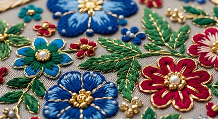 Exquisite floral embroidery with gold thread and pearls, a luxurious textile art design