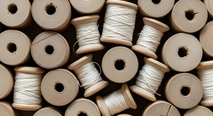 Vintage wooden spools of white thread create a rustic, artisanal craft background for design