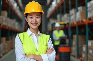 Smiling Asian warehouse worker, arms crossed in yellow hard hat, safety vest. Supervisor speaks with forklift driver in busy distribution center background. Logistics, import, export business,