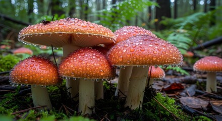 Vibrant red mushrooms glisten with morning dew in a lush, green forest setting