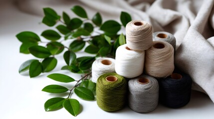 Colorful spools of thread forming a pyramid with green leaves and linen fabric