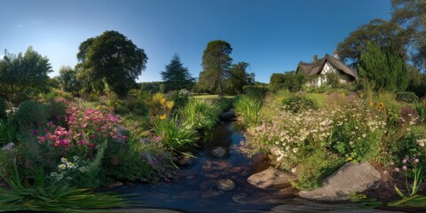 Serene garden stream countryside home nature photography vibrant flora panoramic view tranquility
