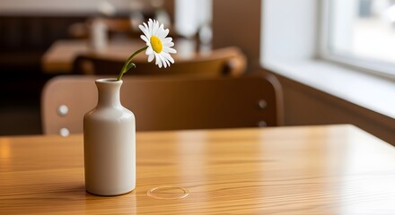 Serene daisy in minimalist vase on polished wood table, inviting calm atmosphere