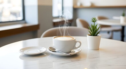 Steaming hot latte art coffee served in a modern cafe setting with a small plant