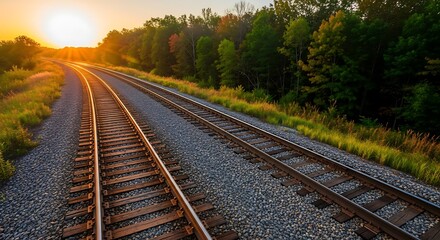 Train tracks leading into a golden sunset through a forest