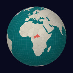 Central African Republic on the map. Globe centered to Central African Republic. Country location on the world map. Teal Pale Mint color palette. Globe with countries, meridians and parallels.