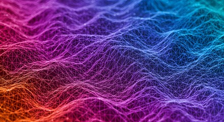 Obraz premium Futuristic concept of a flowing digital landscape with a vibrant, multi-colored plexus network grid