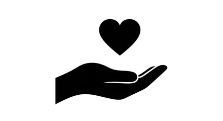 Black silhouette of an open hand holding a heart symbol above it